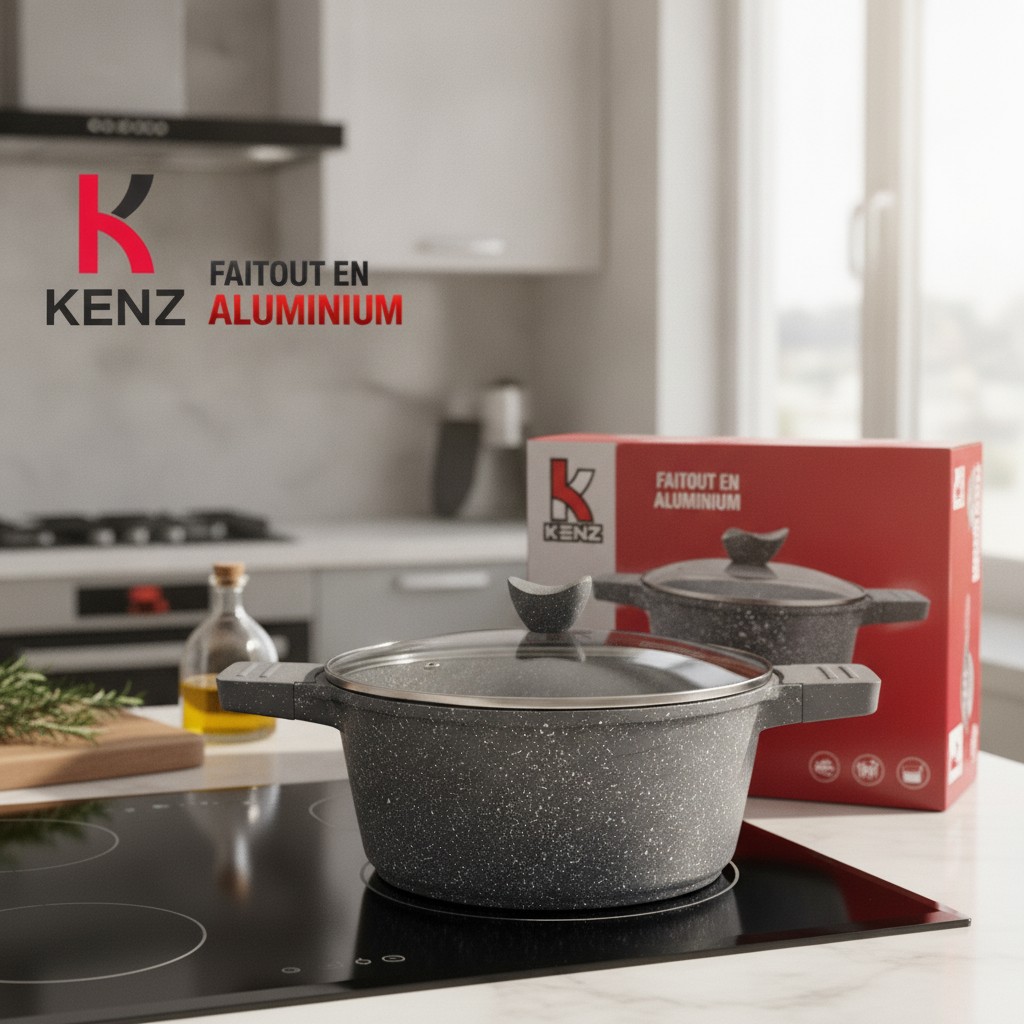 Kenz Faitout en Aluminium 24 cm Couvercle en Verre et Revêtement Granit Antiadhésif, JSH-9635/24 - Marjane Mall - Image 3