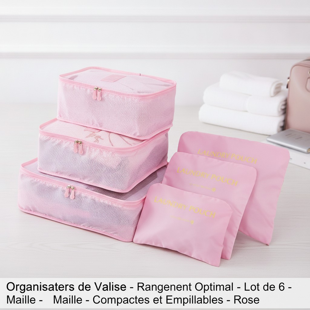 Organisateurs de Valise - Rangement Optimal - Lot de 6 - Maille - Compactes et Empilables - Rose - Marjane Mall - Image 2