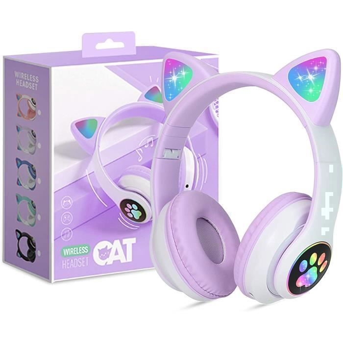 Casque pour enfants - Avec LED - Pliable - Avec câble - Avec microphone Bluetooth - Pour école /tablette /téléphone portable ,violet