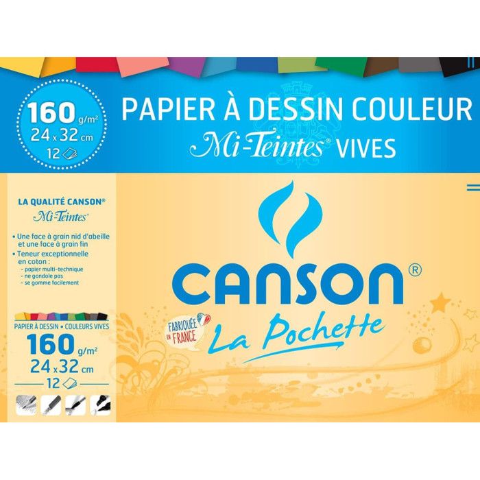 CANSON - Pochette papier dessin Mi-Teinte - 24 x 32 cm - 160g - 12 feuilles - Couleurs vives