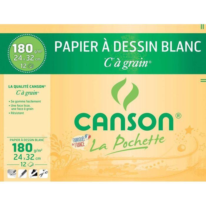 CANSON Pochette papier dessin C à grain - 24 x 32 cm - 180g - 12 feuilles - Blanc