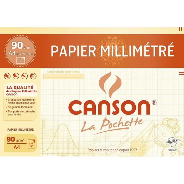CANSON - Pochette papier millimétré - A4 - 90g - 12 feuilles - Couleurs bistre