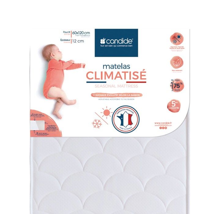 Matelas Bébé Climatisé - Candide - 60x120x11cm - Face Hiver Ouatinée - Face Été - Garantie 5 Ans