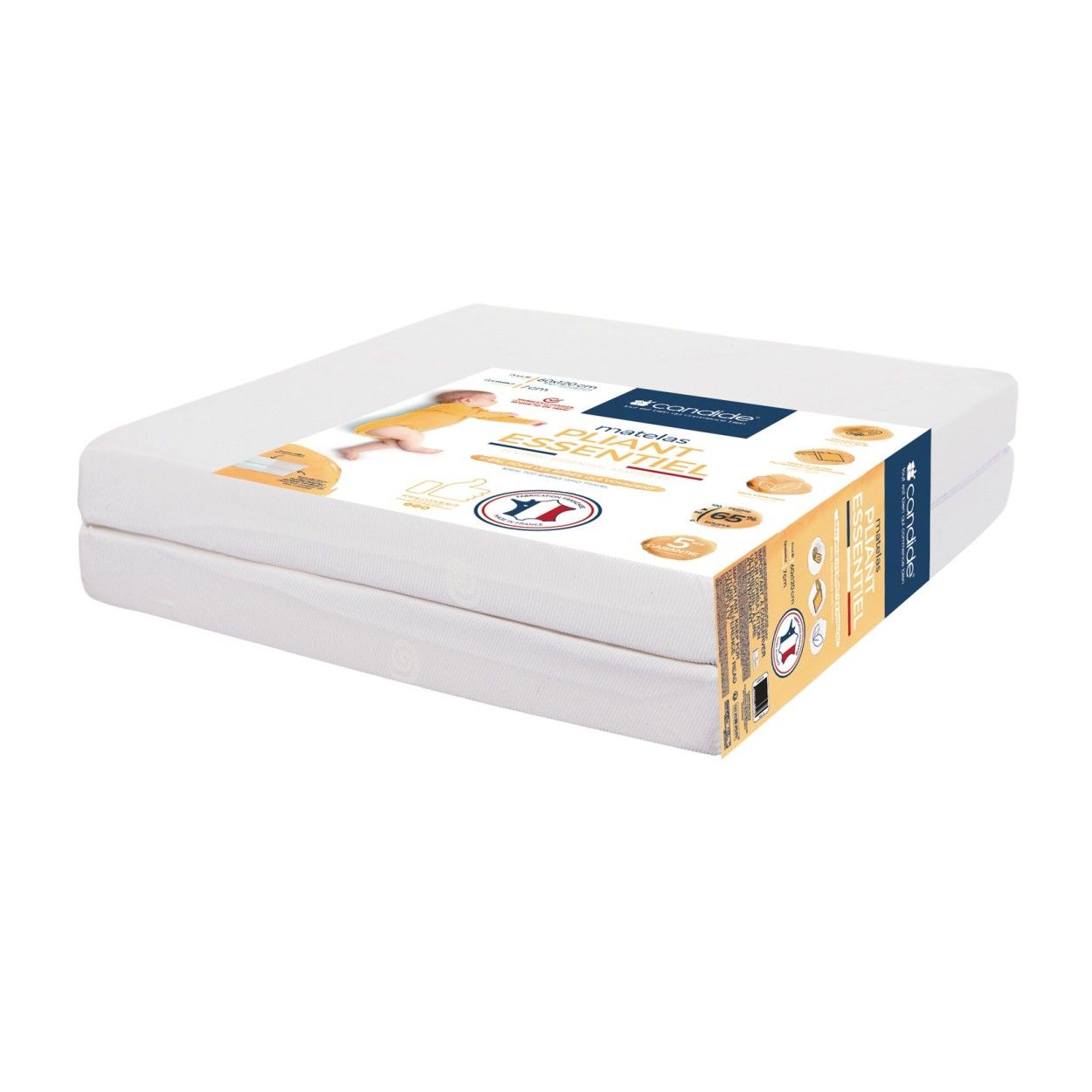 CANDIDE - Matelas Bébé Pliant 2 Parties 60x120x7cm Essentiel, Sans Traitement, Déhoussable, Fabriqué En France, Garantie 5 ans