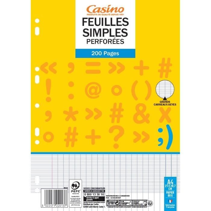 Feuilles mobiles perforées A4 - CASINO - 200 pages - Blanc - Mixte - Etude