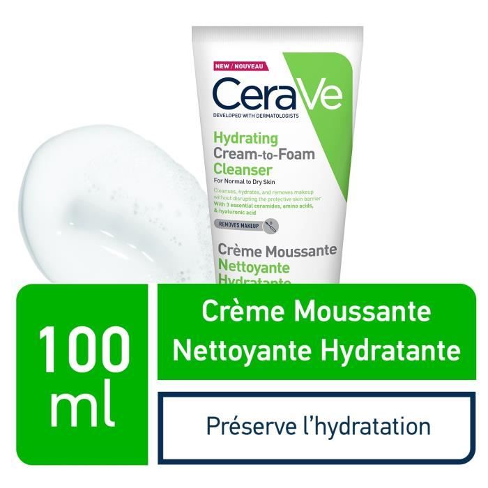 cerave creme moussante nettoyante hydratante peau normale à seche  100ml