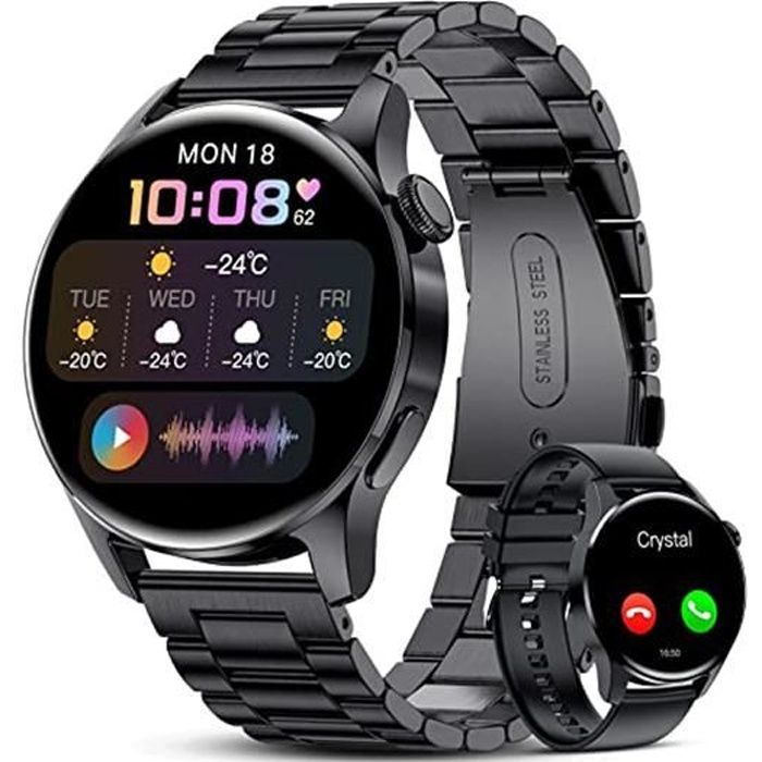 Montre Connectée Homme Sport 1,28'' Avec Bluetooth Appel Assistant Vocal Cardiofrequencemètre IP67 Étanche Trackers d'activité Noir