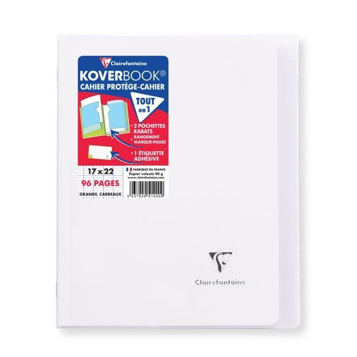 CLAIREFONTAINE - Cahier piqûre avec rabats KOVERBOOK - 17 x 22 - 96 pages Seyès - Couverture polyproplylène translucide - Incolore