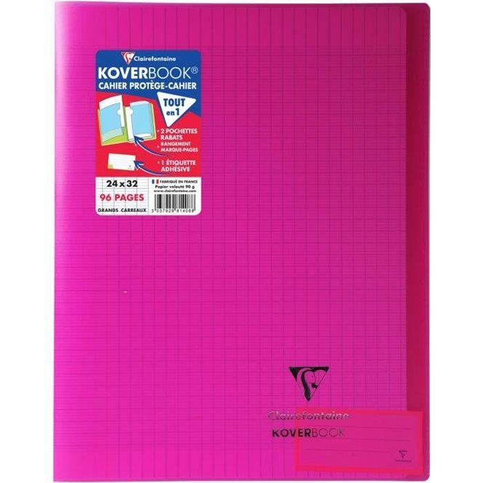 CLAIREFONTAINE - Cahier piqûre KOVERBOOK - 24 x 32 - 96 pages Seyès - Couverture Polypro translucide - Rose