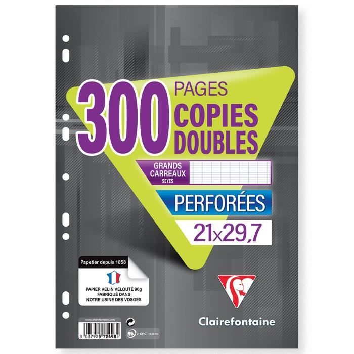 CLAIREFONTAINE - Copies doubles blanches - Perforées - 21 x 29,7 - 300 pages Seyès - Papier P.E.F.C 90G