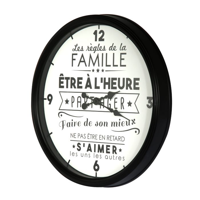 The Home Deco Factory HD4680 Horloge murale ronde La vie en famille Polypropylène Blanc et noir D49x6cm