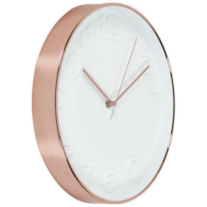Horloge murale ronde rebord coloris cuivrée et fond blanc Ø 30,5 x 4,5 cm Silencieuse