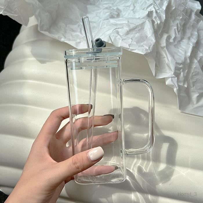 Verre à boire, tasse de tasse transparente carrée de 400 ml, tasse en verre Transparent avec couvercle paille