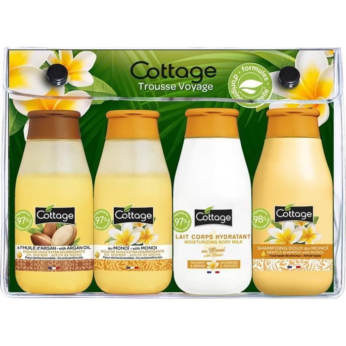 COTTAGE Trousse Voyage Monoï : 2 Gel Douche Huile Extranourrisante + Lait Corps Hydratant + Shampooing Réparateur - 50 ml