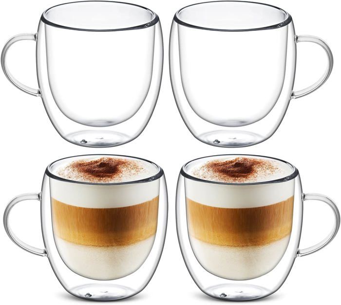 4x150ml Tasse à Café Double Paroi avec Poignée, Tasses à Latte Macchiato, Verre à Thé, Cappuccino, Résistantes à la Chaleur.