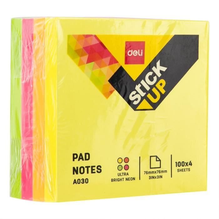 Stick Up Notes adhésives repositionnables 76×76mm - 4×100 feuilles 4 couleurs vifs