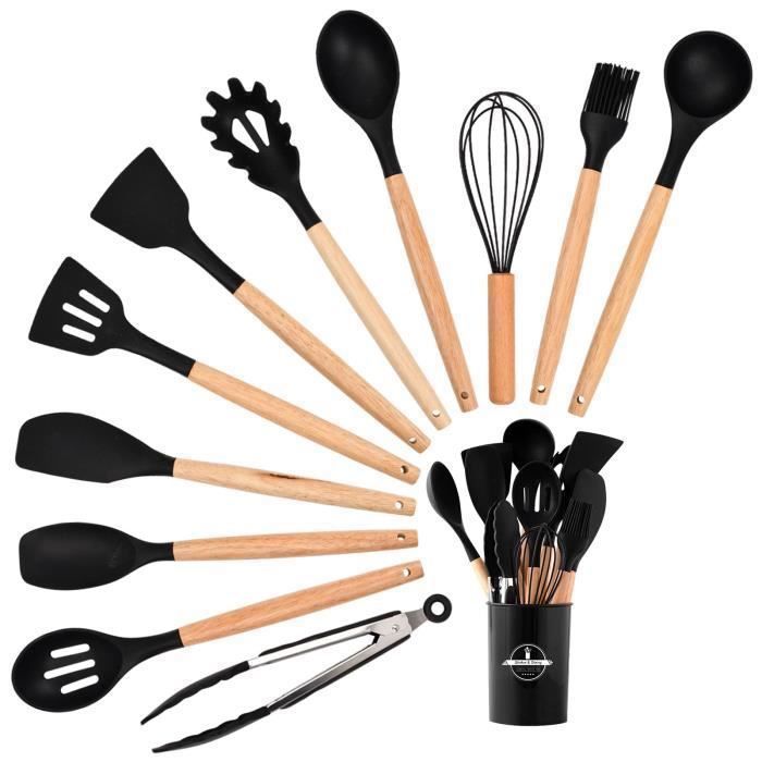 Set Ustensiles de Cuisine 20cm 12PCS - Silicone - Bois - Résistant à la chaleur - Noir