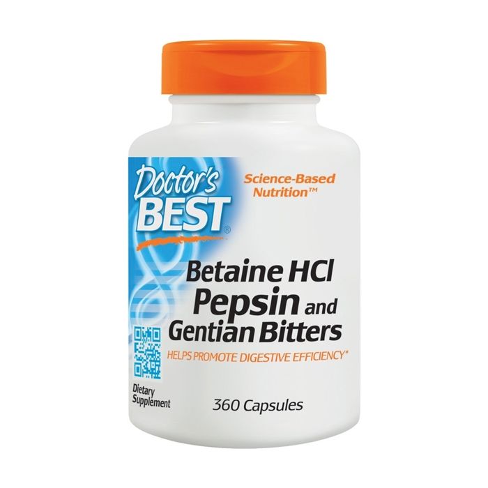 Doctor's Best, Bétaïne HCl, pepsine & gentiane amers,360 Capsules.