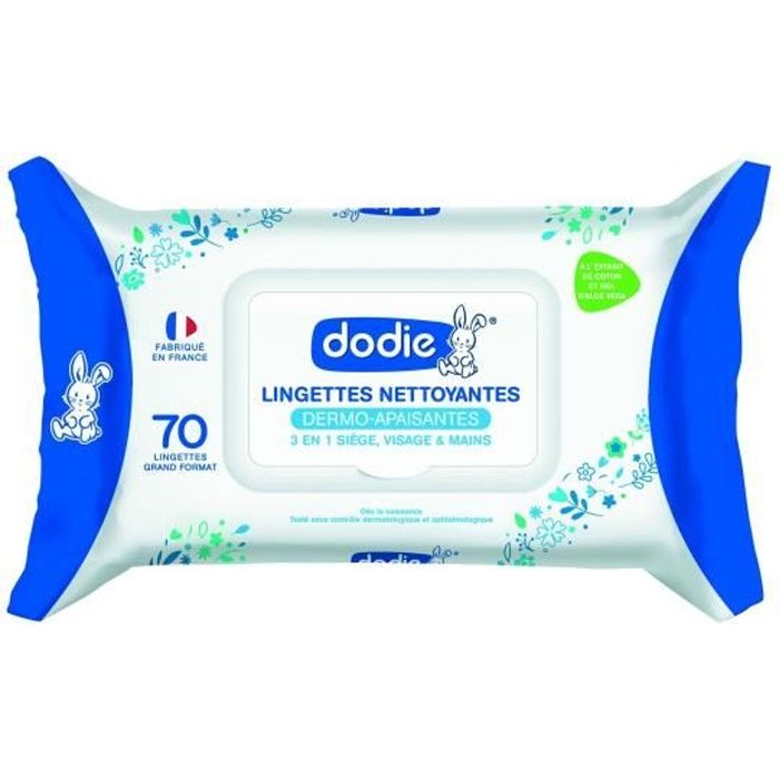 Dodie Hygiène & Soin Lingettes Nettoyantes Douceur 3 en 1 Dermo-Apaisantes 70 unités