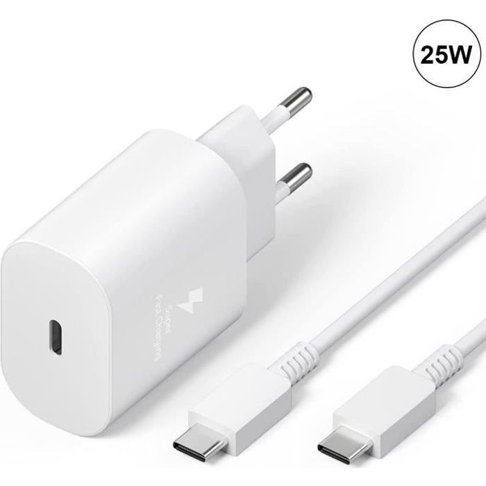 Chargeur Rapide 25W USB-C + Câble USB-C vers USB-C 1M pour Google Pixel 7 - 7 Pro - 6 - 6 Pro - 6A+ -6A - Blanc