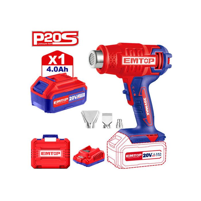 Décapeur thermique professionnel sans fil  EMTOP 20V avec 1 batterie 4.0Ah et 1 chargeur 2A Pistolet à Air Chaud 300-550℃ Températur