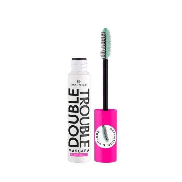 Essence Máscara De Pestañas Voluminizadora Double Trouble, pestañas más largas Máscara de pestañas 2 en 1 con dos lados en el cepil