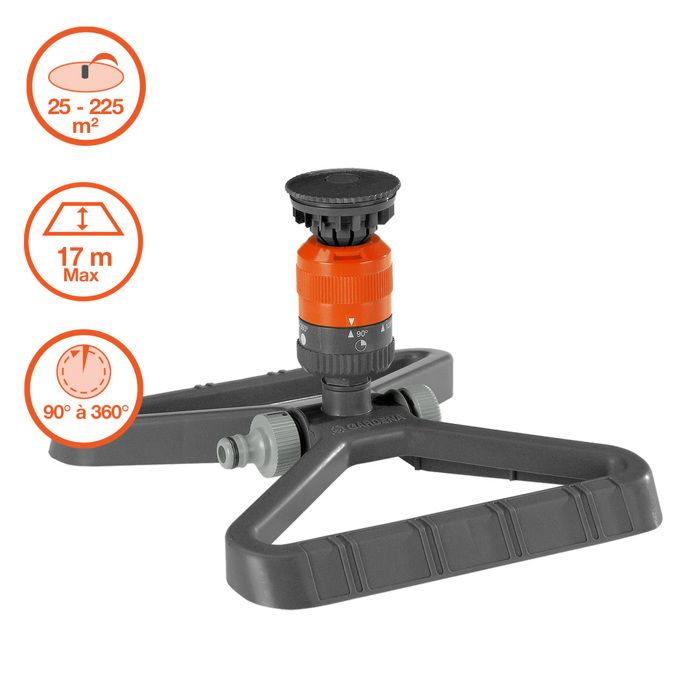 GARDENA Arroseur circulaire Vario Comfort – Surface 225m² max – Portée 17m max – Crans arrosage 45-360° – Garantie 5 ans (1948-20)