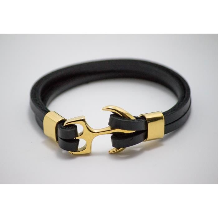 Bracelet Ghibli 100% Cuir à motif 100% Acier Doré - Noir + Boite Cadeau