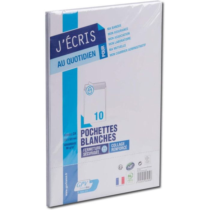 Enveloppes - Blanche - A4 - C4 - Auto adhésive - Paquet de 10 - Courrier - GPV
