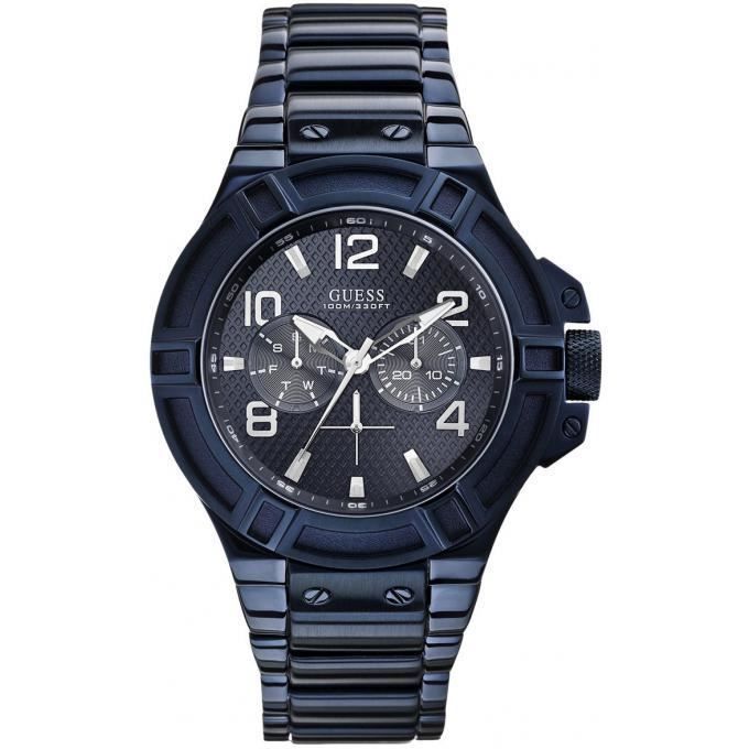 montre guess w0218g4 - montre acier ronde plaqué canon de fusil bleue homme