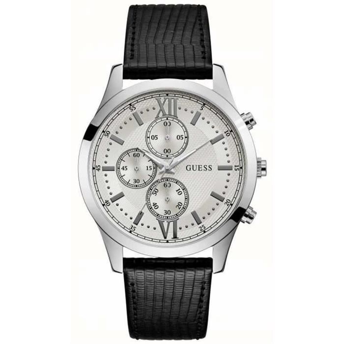GUESS Hudson Homme 44mm Bracelet Cuir Noir Quartz Cadran Argent Montre W0876G4