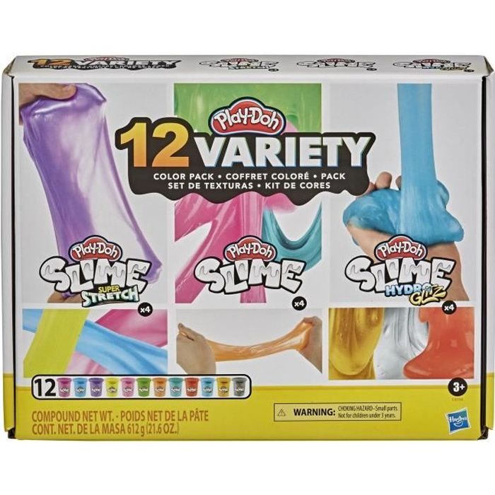 PLAY-DOH - Slime - Super Stretch et HydroGlitz - Coffret de 12 couleurs de pâte atoxique - dès 3 ans - Pots de 51 g