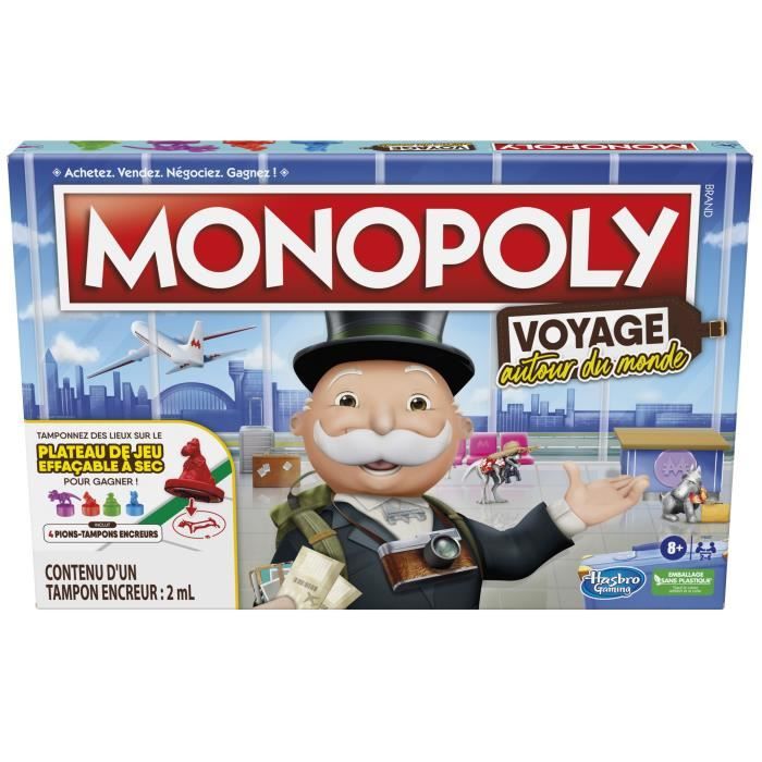Monopoly Voyage autour du monde, jeu de societe, dès 8 ans, avec pions-tampons encreurs et plateau effaçable à sec