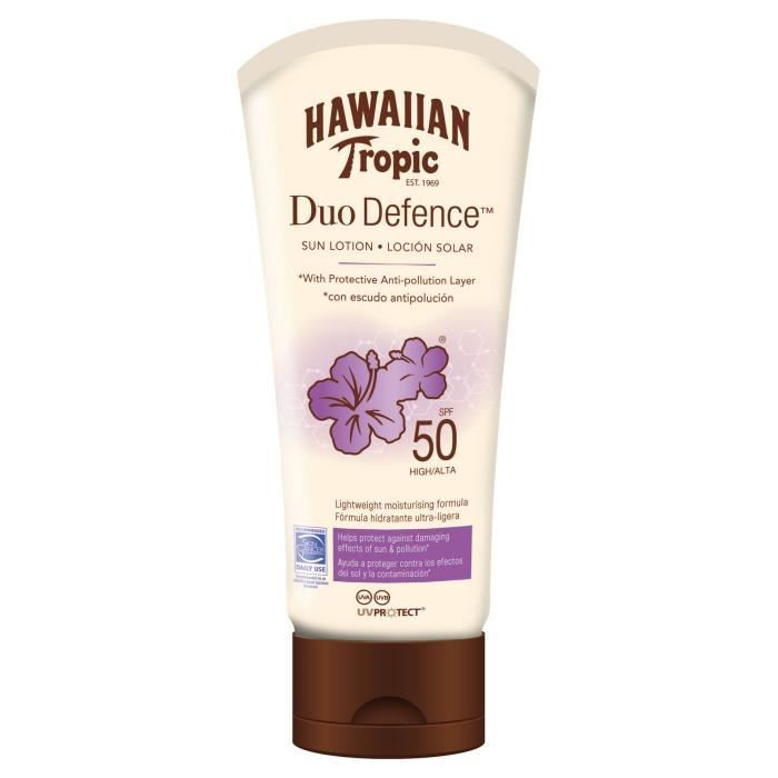 Hawaiian Tropic Duo Defence spf 50+ 180 ml, Loción doble filtro, que protege a la vez de la polución y de los rayos del sol.