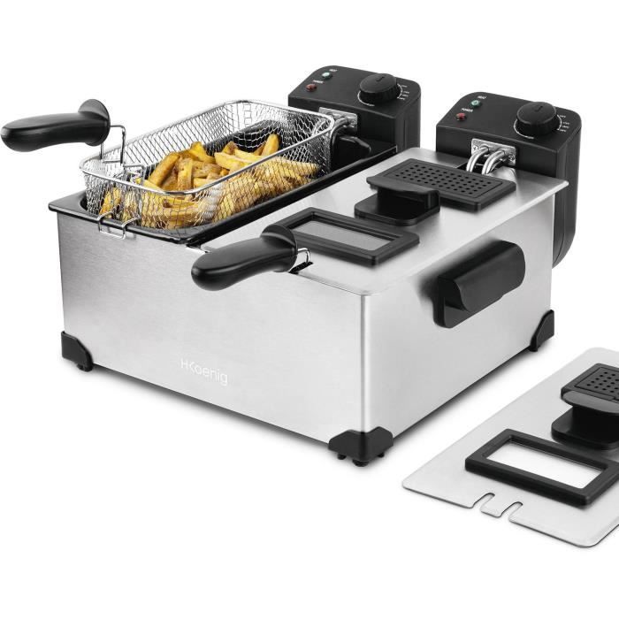 HKOENIG DFX600 - Friteuse double bac 2x3L - 3600W - 2 thermostats indépendants - Paniers amovibles - Filtres anti-odeurs - Acier
