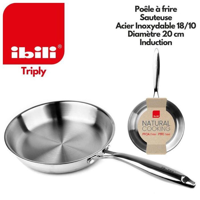 Poêle - IBILI - 20 cm - Acier inoxydable - Compatible induction - Sans antiadhésif