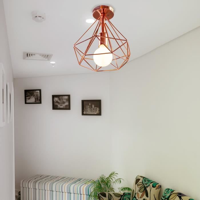 IDEGU 2x Plafonnier Industrielle Retro en Métal Suspension Luminaire Cage Diamant pour Salon Café Bar Rose