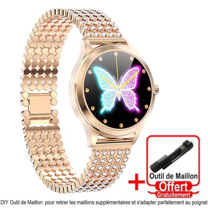 Montre Connectée Femme Ronde Bracelet Diamanté Strass Scintillant Alliage Autonomie 10 Jours Smartwatch Sport Étanche IP68 Rose Doré