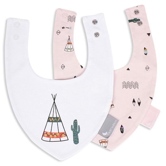 Interbaby bavoir bandana Tipi 38 cm coton rose/blanc 2-pièces