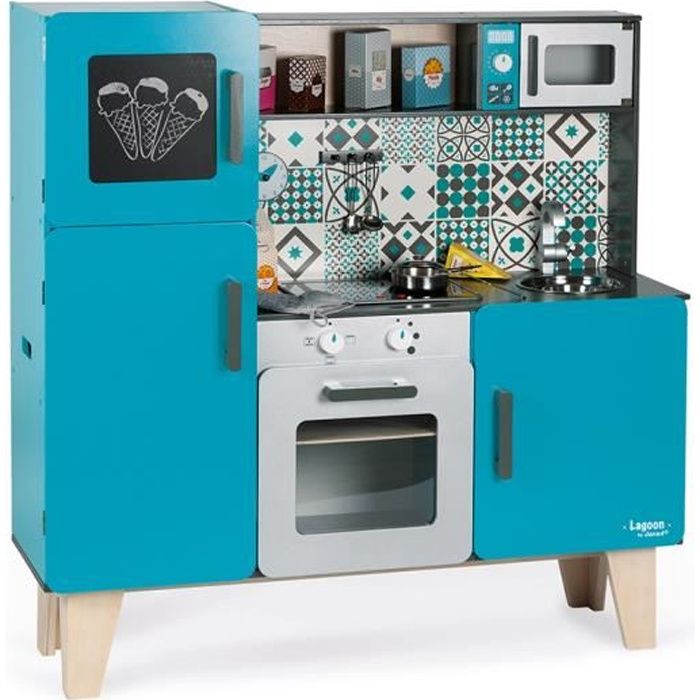 Cuisine en bois JANOD Maxi Cuisine Lagoon - 15 accessoires - Bleu/Gris - Dès 3 ans