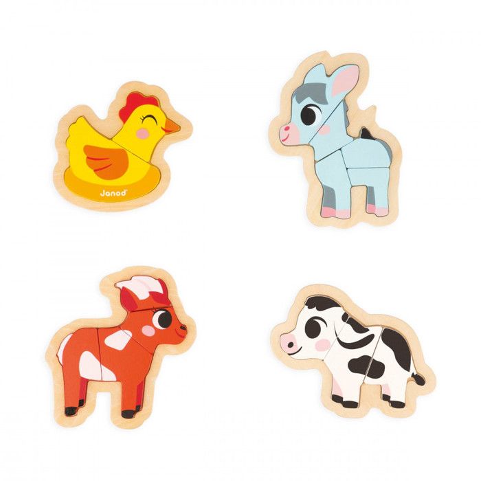 JANOD - 4 Puzzles En Bois De 2-3-4 Et 5 Pièces - Puzzles En Forme D'Animaux De La Ferme - Puzzles Bébé En Bois FSCTM - Dès 18 Mois
