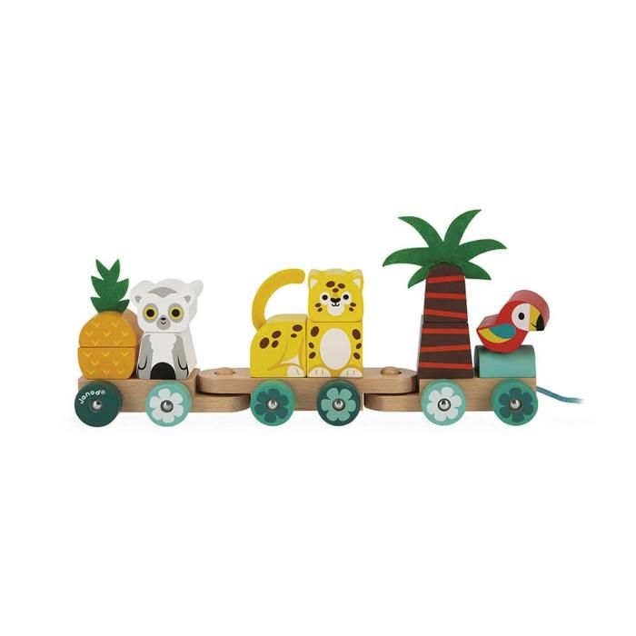 JANOD - Tropik Train Tropical à Tirer en Bois - 11 Pièces - 3 Wagons - Jouet d'Eveil - Jouet à Tirer - Dès 12 Mois