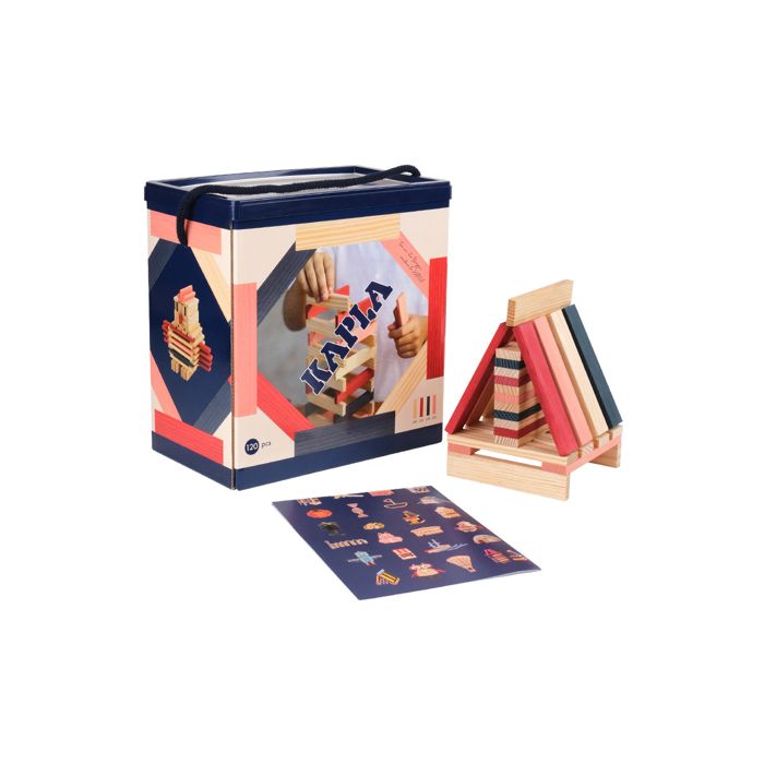 KAPLA Baril 120 planchettes : 90 planchettes nature +  10 Bleu foncé, 10 roses et 10 rouges