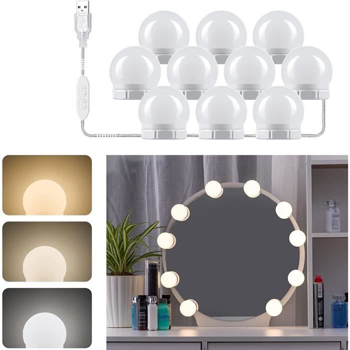 LED Miroir Coiffeuse 10 Ampoules, Lumière 3 Couleurs et 10 Intensités, Adaptateur et Interrupteur, USB Câble Réglable - KENUOS