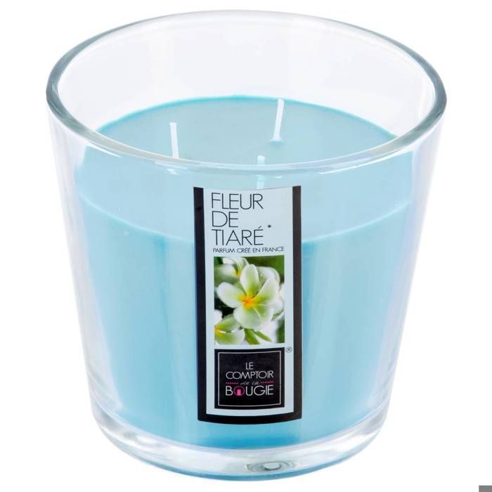 Bougie 3 mèches 500 g parfum Fleur de Tiaré avec vase en verre.