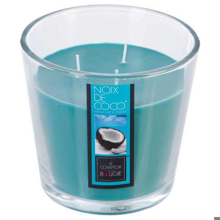 Bougie 3 mèches 500 g parfum Noix de Coco avec vase en verre.