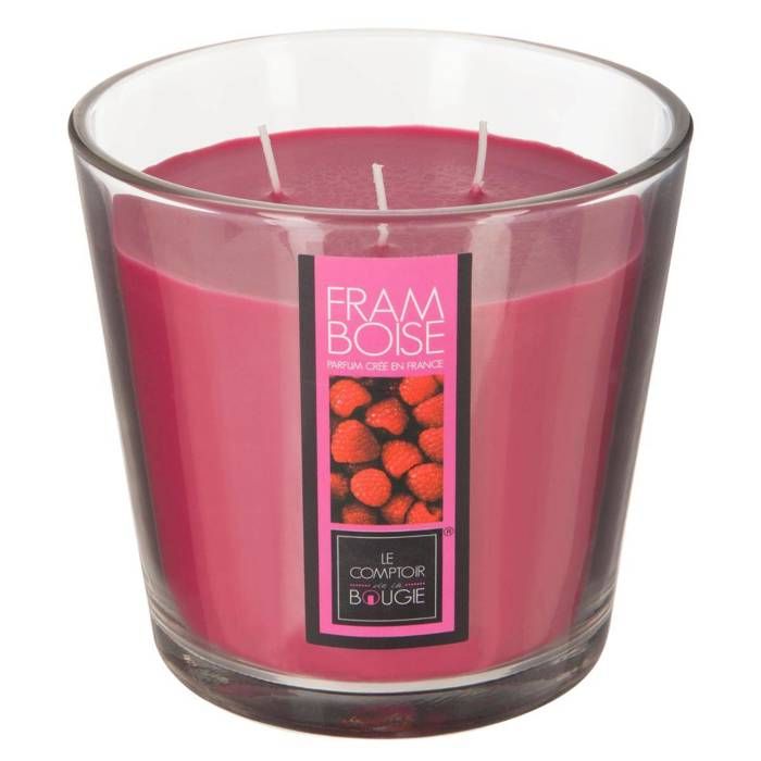 Bougie 3 mèches 500 g parfum  Framboise avec vase en verre