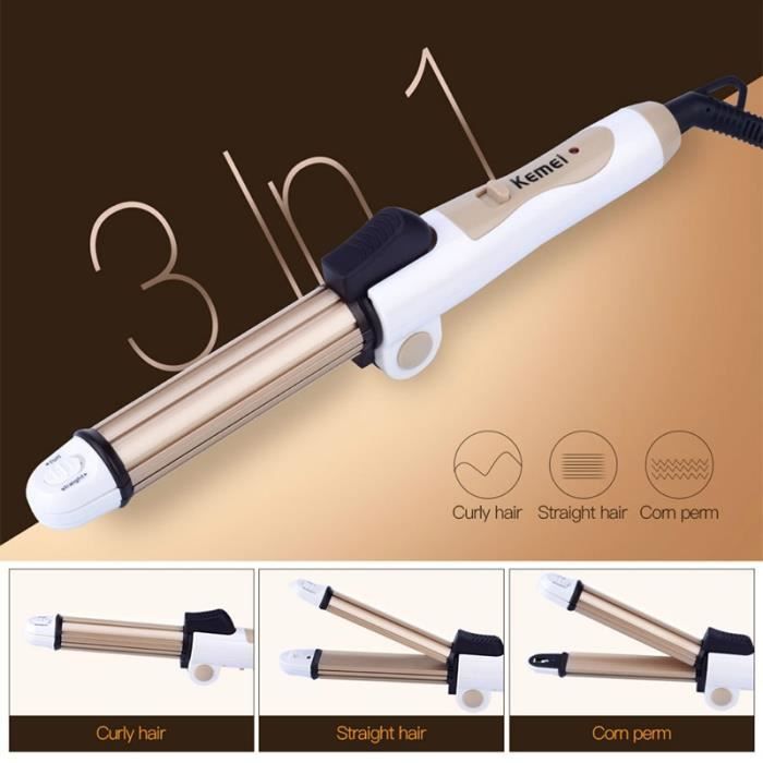Kemei 3en1 multifonction céramique cheveux bigoudi fer à friser électrique Waver Straightner maïs Perm Crimper cheveux Styling outil