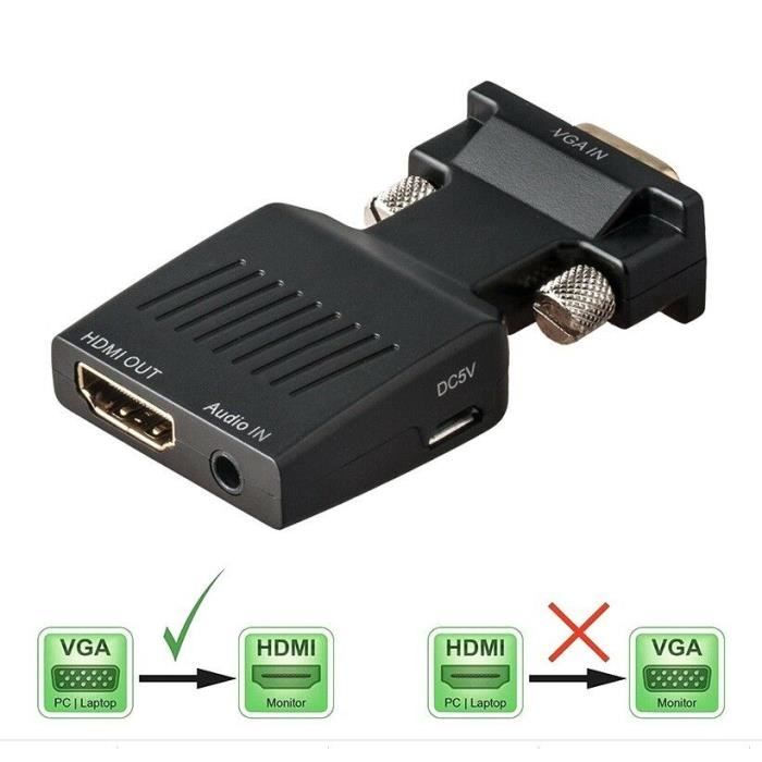 Adaptateur VGA vers HDMI - Non spécifié - 1080P - Plug and play - Câble d'alimentation inclus - Noir