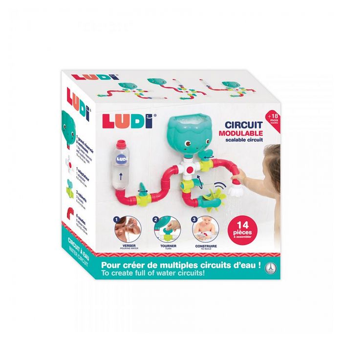 LUDI - Circuit d’Eau à Construire - Jouet de Bain pour Bébé - 14 Pièces à Assembler avec Moulin et Arroseur - A partir de 18 mois